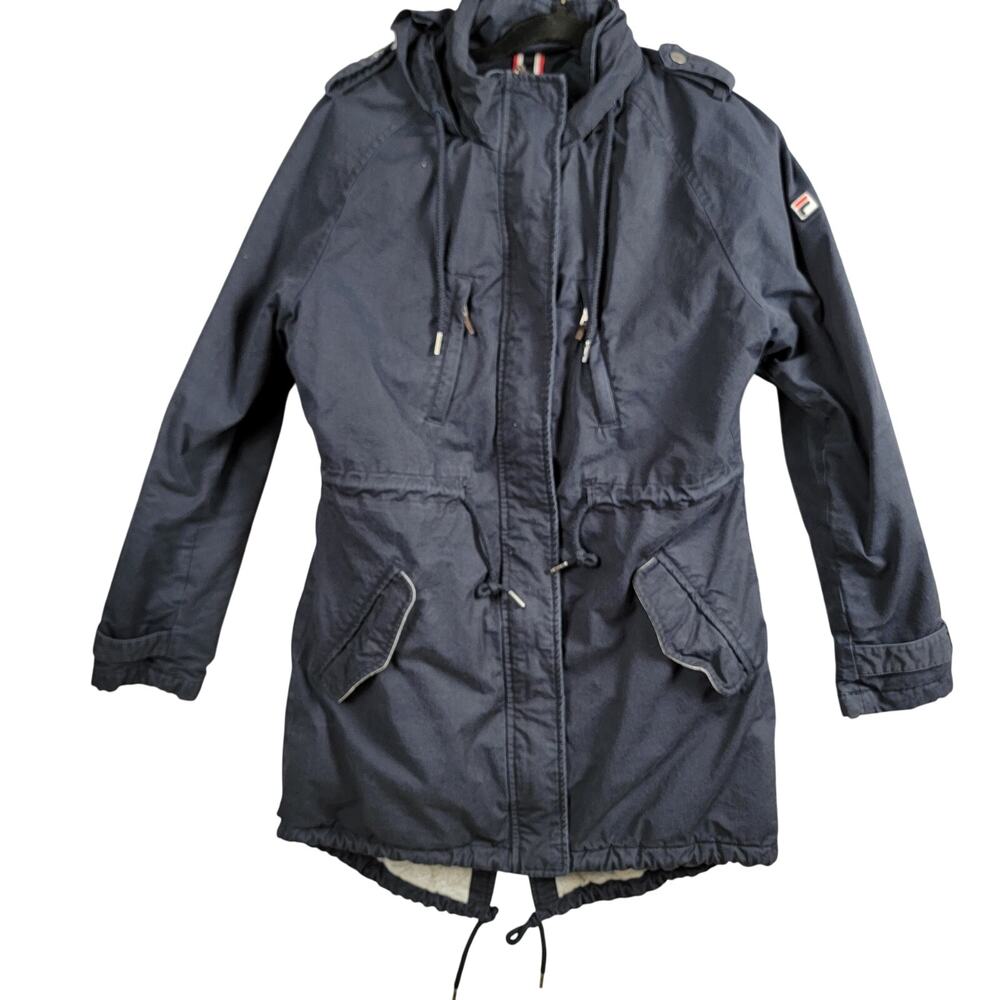 FILA White Line Hooded Field Jacket Parka Navy Blue Womens XL Italy